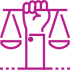 An icon depicting a hand holding balanced scales, a symbol for the justice system and ethics frameworks.